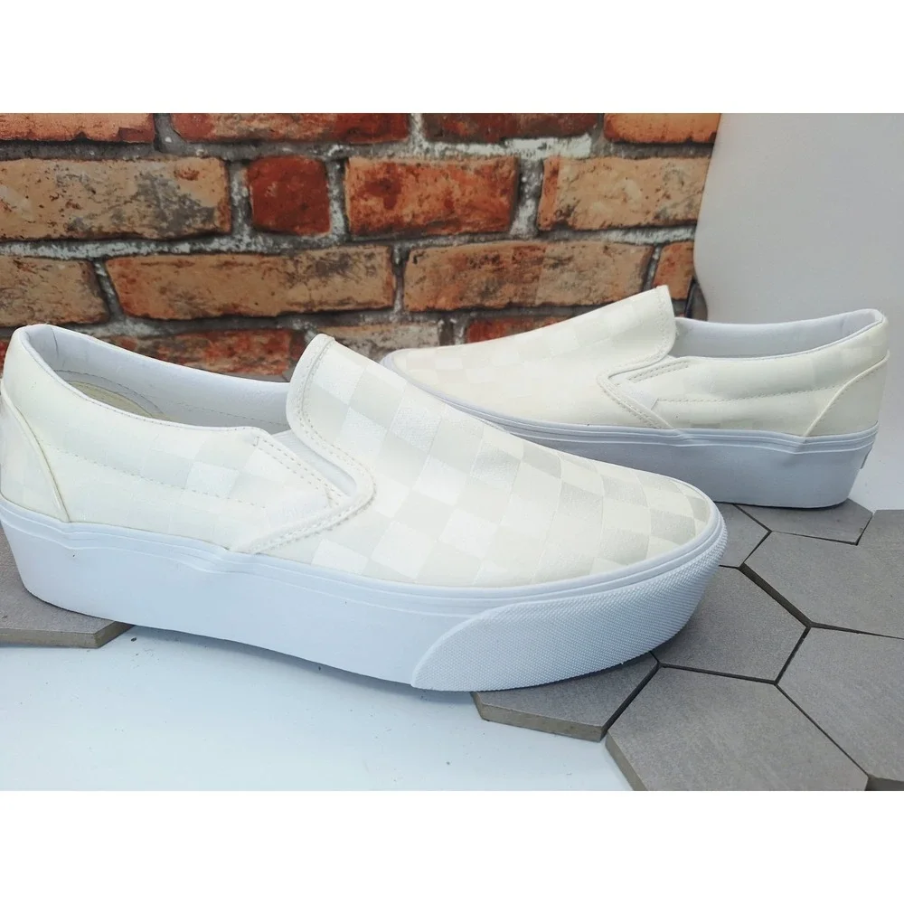 Vans Classic Slip-On Stackform Satin Checkerboard White Men Sz 10 / Women 11.5